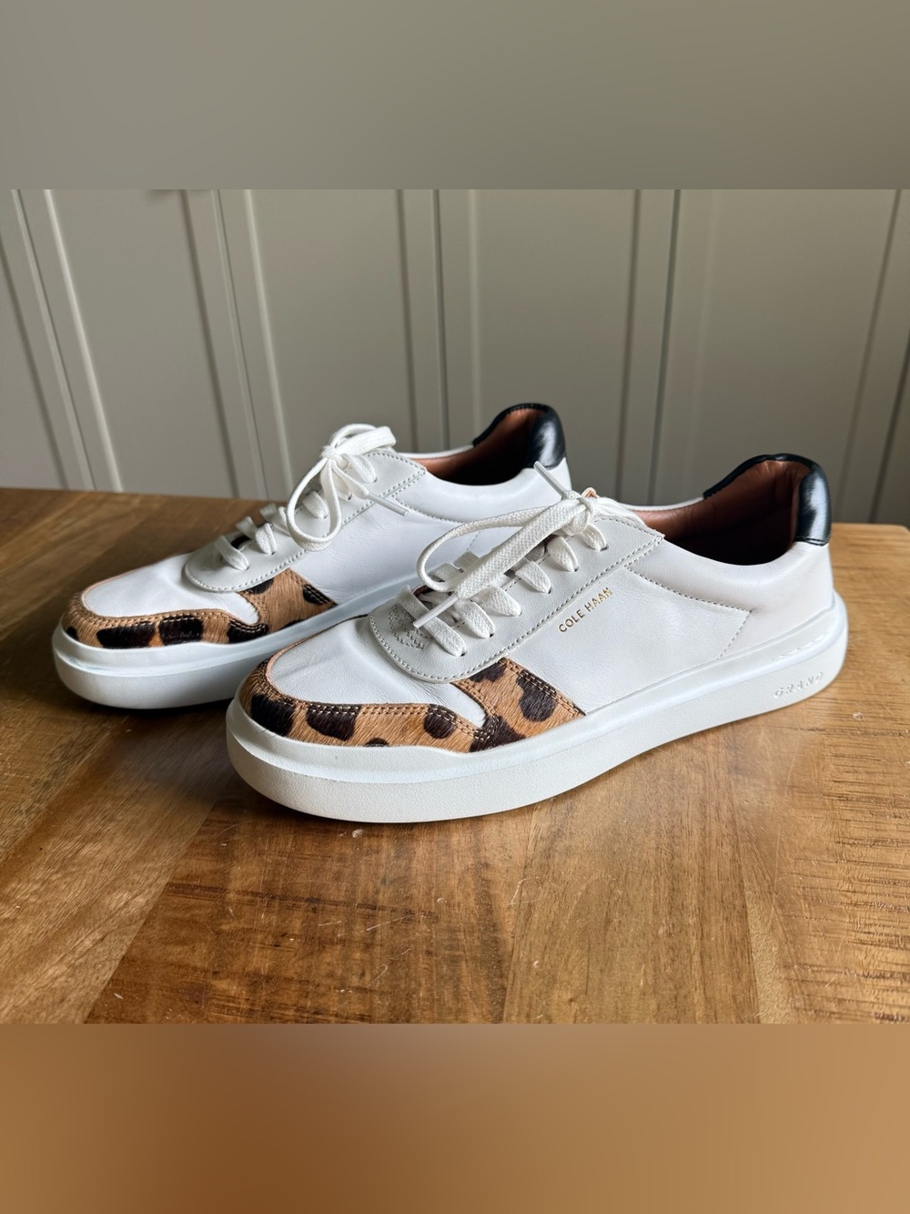 Cole Haan White Leather Sneakers with Leopard Accent and Black Heel
